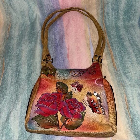 Anuschka Shoulder Bag Hobo Purse Hand Painted Leather Floral Rose Butterfly - Picture 1 of 8